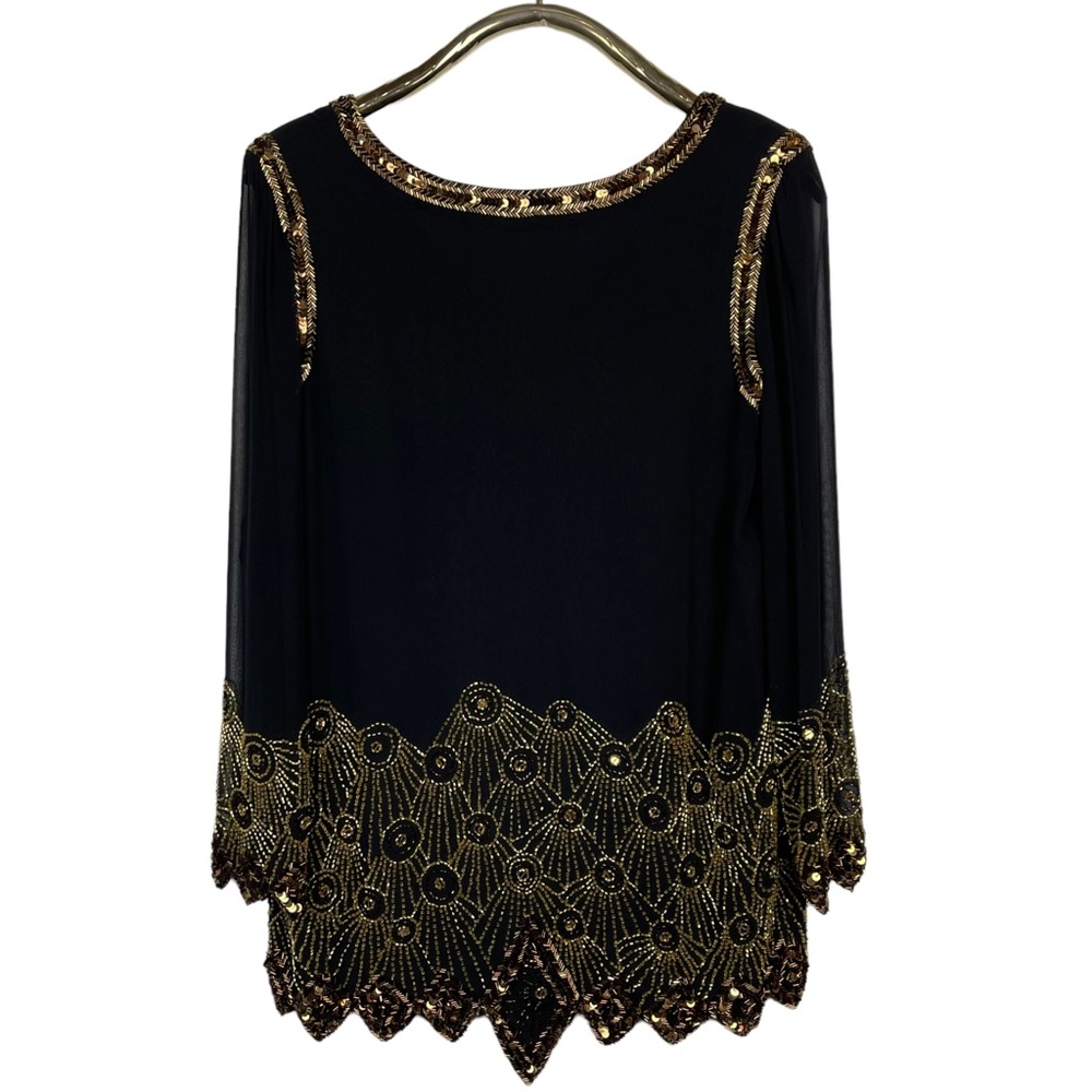 BLACK TIE BY OLEG CASSINI SILK BEADED DECO EMBELLISHED SHEER PANEL TUNIC BLOUSE - Picture 4 of 12